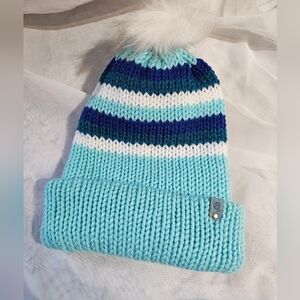 Handmade Knit Toque | Striped Blue, Teal & White w/ White Pompom